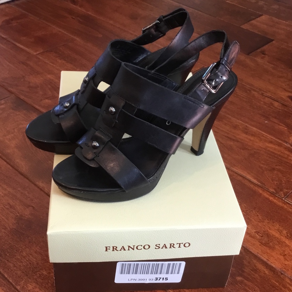 Franco Sarto Black Leather Strappy High Heel Sandals with Buckle